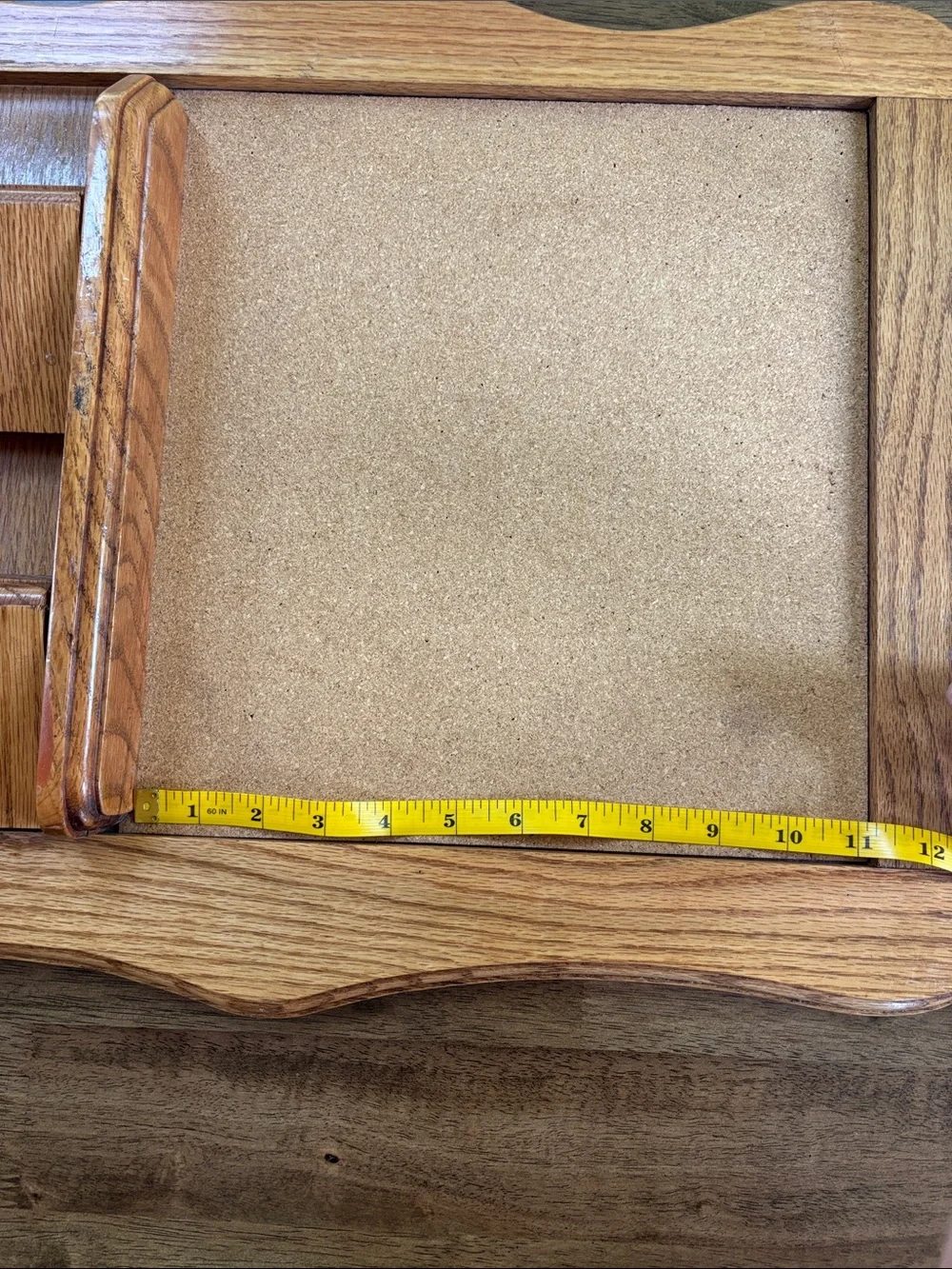Vintage Oak Wood Wall Organizer with Cork Board, Mail Slots, and Key Hooks 22x16